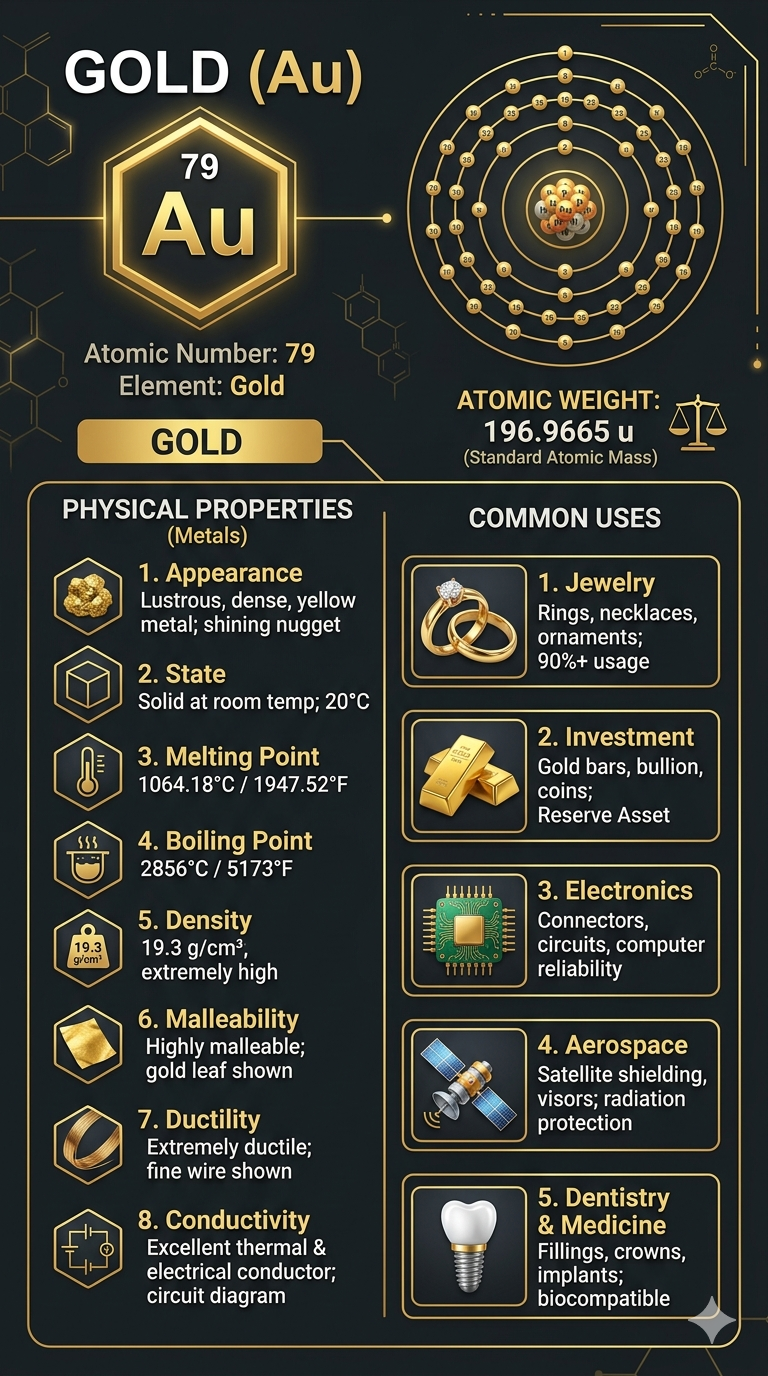 Gold, a shiny lustrous metal used as an example of a metal element